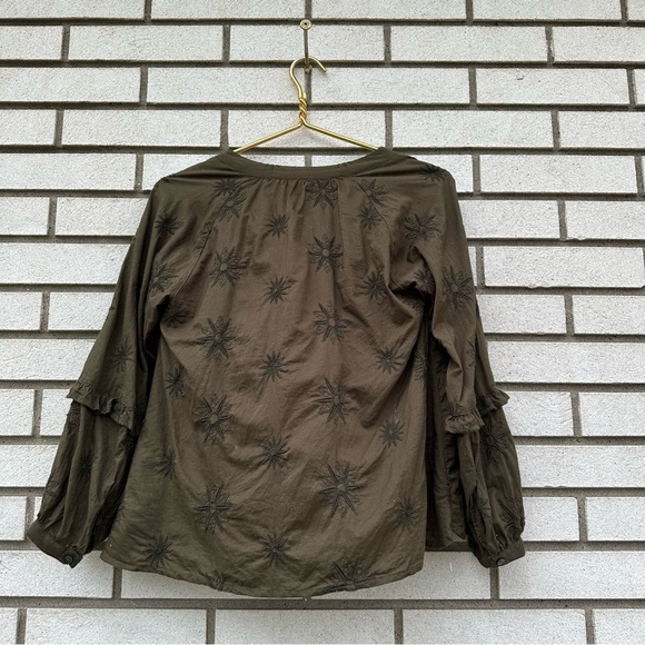 Madewell Embroidered Bubble Sleeve Blouse Top in Dark Olive - Picture 9 of 14
